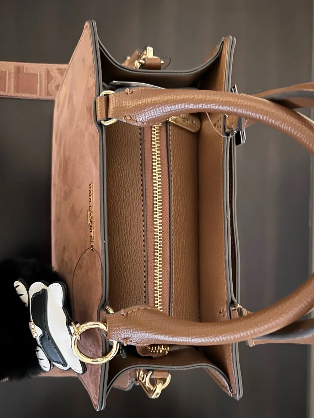 Karl Lagerfeld Brown Faux Suede & Leather Satchel/Crossbody with Choupette Pom